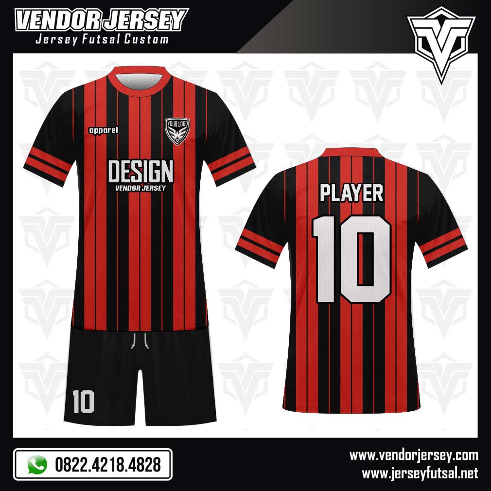 Desain kaos futsal Verticaline berwarna merah-hitam